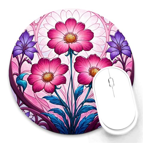 Fantasy Pink Flowers Stained Glass Round Mousepad from ArtsNow.com Front