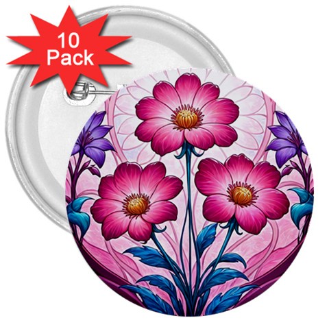 Fantasy Pink Flowers Stained Glass 3  Buttons (10 pack)  from ArtsNow.com Front