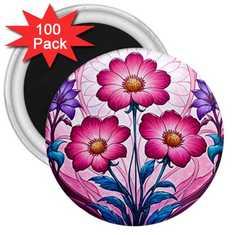 Fantasy Pink Flowers Stained Glass 3  Magnets (100 pack) from ArtsNow.com Front