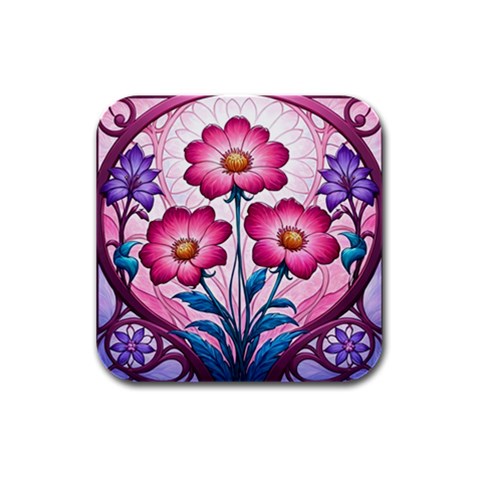 Fantasy Pink Flowers Stained Glass Rubber Square Coaster (4 pack) from ArtsNow.com Front