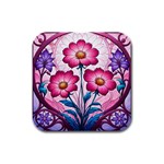 Fantasy Pink Flowers Stained Glass Rubber Square Coaster (4 pack)