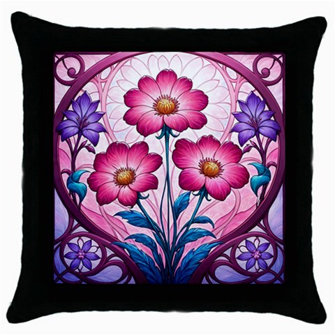 Fantasy Pink Flowers Stained Glass Throw Pillow Case (Black) from ArtsNow.com Front