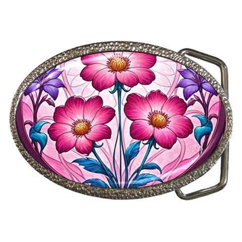 Fantasy Pink Flowers Stained Glass Belt Buckles from ArtsNow.com Front