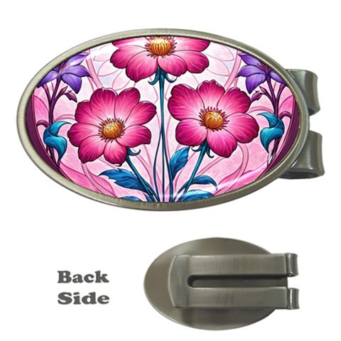 Fantasy Pink Flowers Stained Glass Money Clips (Oval)  from ArtsNow.com Front