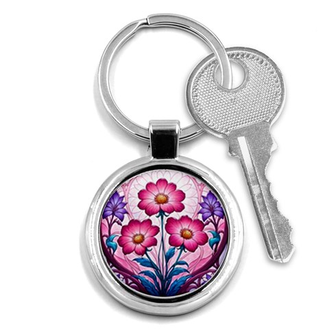 Fantasy Pink Flowers Stained Glass Key Chain (Round) from ArtsNow.com Front