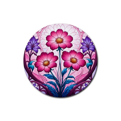 Fantasy Pink Flowers Stained Glass Rubber Coaster (Round) from ArtsNow.com Front