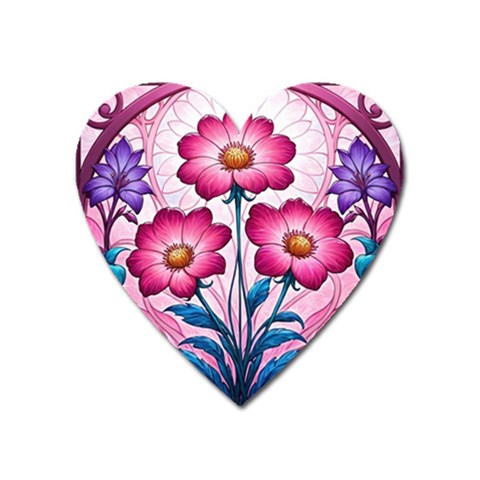 Fantasy Pink Flowers Stained Glass Heart Magnet from ArtsNow.com Front