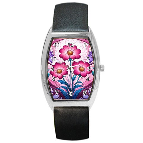 Fantasy Pink Flowers Stained Glass Barrel Style Metal Watch from ArtsNow.com Front