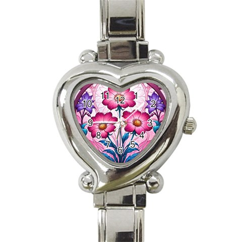 Fantasy Pink Flowers Stained Glass Heart Italian Charm Watch from ArtsNow.com Front