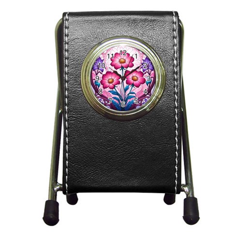 Fantasy Pink Flowers Stained Glass Pen Holder Desk Clock from ArtsNow.com Front