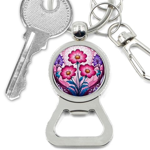 Fantasy Pink Flowers Stained Glass Bottle Opener Key Chain from ArtsNow.com Front