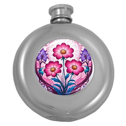 Fantasy Pink Flowers Stained Glass Round Hip Flask (5 oz) from ArtsNow.com Front