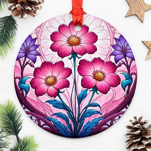 Fantasy Pink Flowers Stained Glass Round Ornament (Two Sides) from ArtsNow.com Front