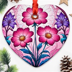 Fantasy Pink Flowers Stained Glass Heart Ornament (Two Sides) from ArtsNow.com Front