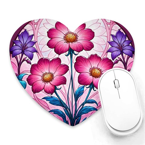 Fantasy Pink Flowers Stained Glass Heart Mousepad from ArtsNow.com Front