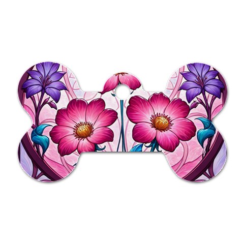 Fantasy Pink Flowers Stained Glass Dog Tag Bone (One Side) from ArtsNow.com Front