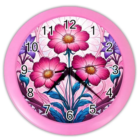 Fantasy Pink Flowers Stained Glass Color Wall Clock from ArtsNow.com Front