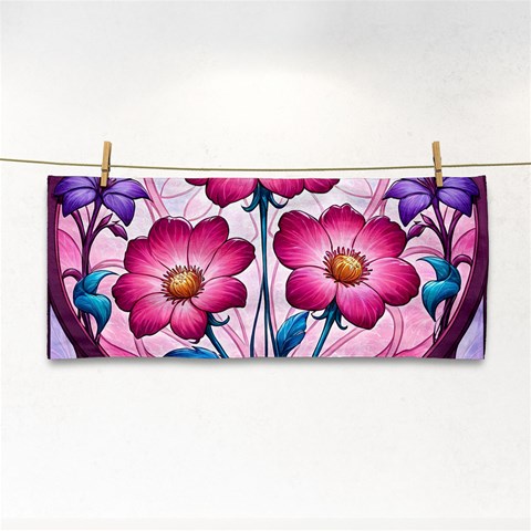 Fantasy Pink Flowers Stained Glass Hand Towel from ArtsNow.com Front