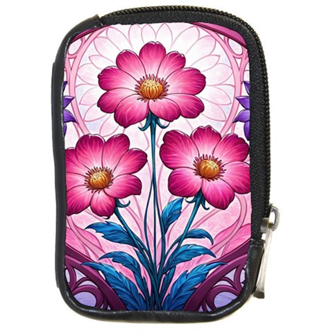 Fantasy Pink Flowers Stained Glass Compact Camera Leather Case from ArtsNow.com Front