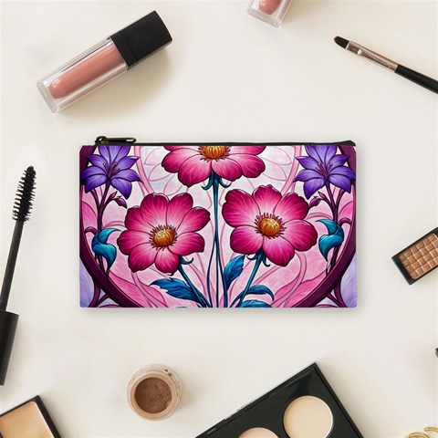 Fantasy Pink Flowers Stained Glass Cosmetic Bag (Small) from ArtsNow.com Front