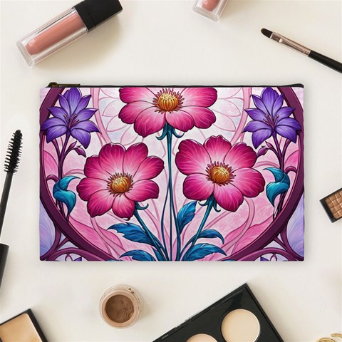 Fantasy Pink Flowers Stained Glass Cosmetic Bag (Large) from ArtsNow.com Front