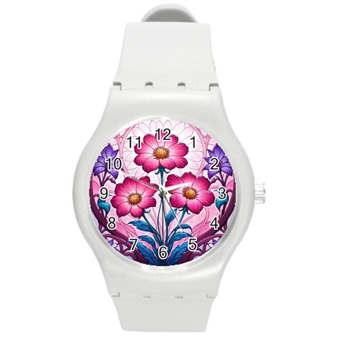 Fantasy Pink Flowers Stained Glass Round Plastic Sport Watch (M) from ArtsNow.com Front