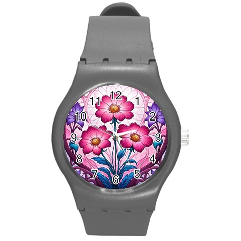 Fantasy Pink Flowers Stained Glass Round Plastic Sport Watch (M) from ArtsNow.com Front