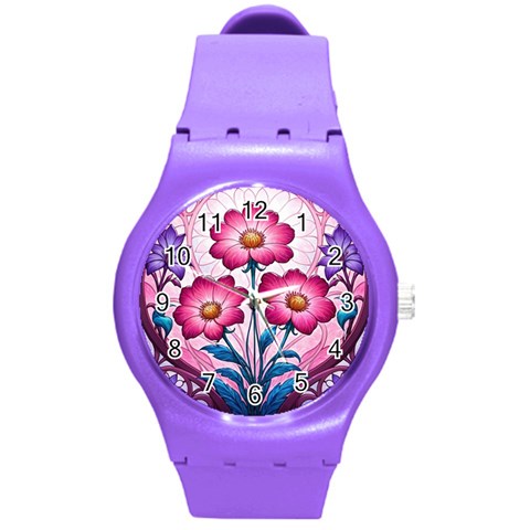 Fantasy Pink Flowers Stained Glass Round Plastic Sport Watch (M) from ArtsNow.com Front