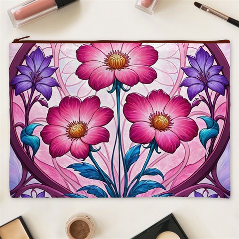 Fantasy Pink Flowers Stained Glass Cosmetic Bag (XXXL) from ArtsNow.com Front