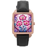 Fantasy Pink Flowers Stained Glass Rose Gold Leather Watch 