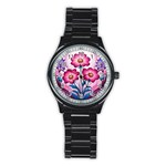 Fantasy Pink Flowers Stained Glass Stainless Steel Round Watch