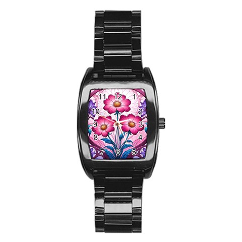 Fantasy Pink Flowers Stained Glass Stainless Steel Barrel Watch from ArtsNow.com Front