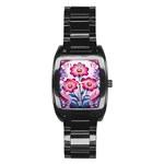 Fantasy Pink Flowers Stained Glass Stainless Steel Barrel Watch