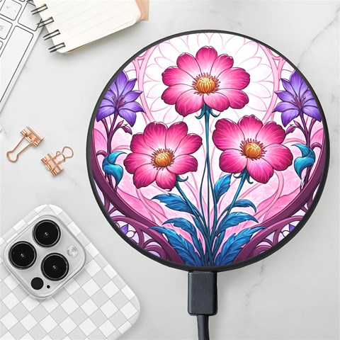 Fantasy Pink Flowers Stained Glass Wireless Fast Charger(Black) from ArtsNow.com Front