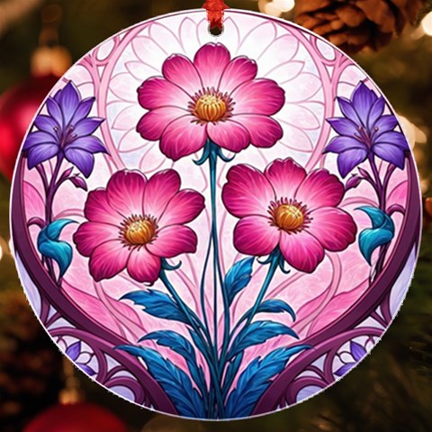 Fantasy Pink Flowers Stained Glass UV Print Acrylic Ornament Round from ArtsNow.com Front