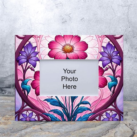 Fantasy Pink Flowers Stained Glass White Tabletop Photo Frame 4 x6  from ArtsNow.com Front