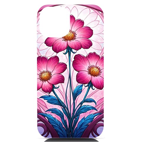 Fantasy Pink Flowers Stained Glass iPhone 14 Black UV Print PC Hardshell Case from ArtsNow.com Front