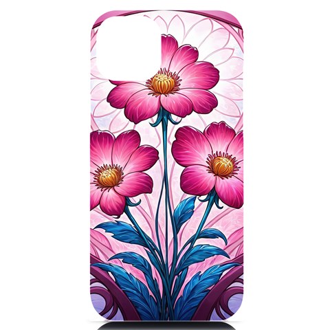 Fantasy Pink Flowers Stained Glass iPhone 14 Plus Black UV Print PC Hardshell Case from ArtsNow.com Front