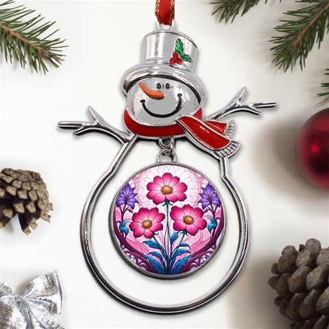 Fantasy Pink Flowers Stained Glass Metal Snowman Ornament from ArtsNow.com Front