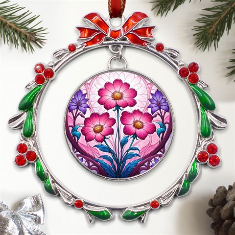 Fantasy Pink Flowers Stained Glass Metal X mas Wreath Ribbon Ornament from ArtsNow.com Front