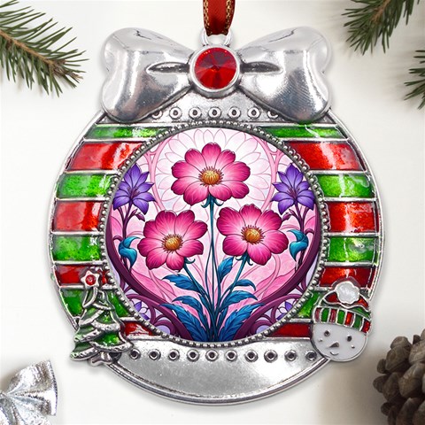 Fantasy Pink Flowers Stained Glass Metal X Mas Ribbon With Red Crystal Round Ornament from ArtsNow.com Front