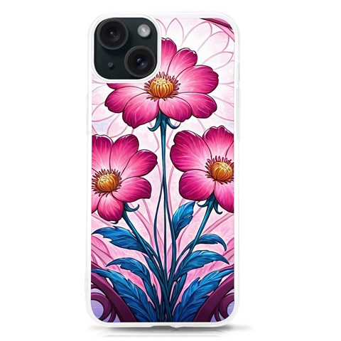 Fantasy Pink Flowers Stained Glass iPhone 15 TPU UV Print Case from ArtsNow.com Front