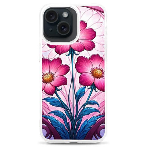 Fantasy Pink Flowers Stained Glass iPhone 15 Plus TPU UV Print Case from ArtsNow.com Front