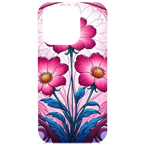 Fantasy Pink Flowers Stained Glass iPhone 15 Pro Black UV Print PC Hardshell Case from ArtsNow.com Front