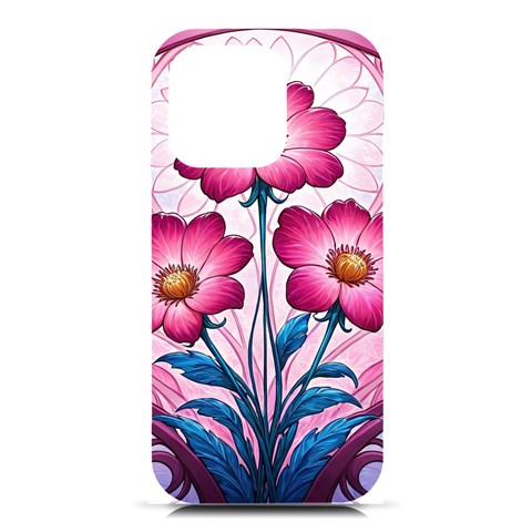 Fantasy Pink Flowers Stained Glass iPhone 16 Pro Black UV Print PC Hardshell Case from ArtsNow.com Front