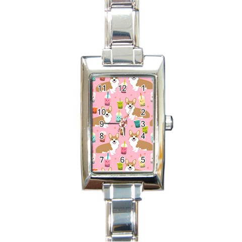 Corgi Bubble Boba Tea Pink Pattern Rectangle Italian Charm Watch from ArtsNow.com Front