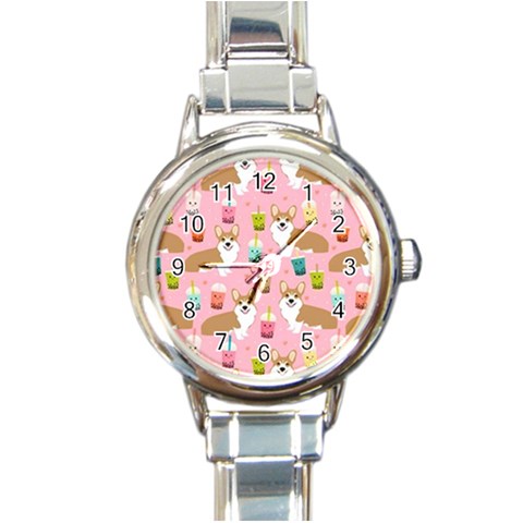 Corgi Bubble Boba Tea Pink Pattern Round Italian Charm Watch from ArtsNow.com Front