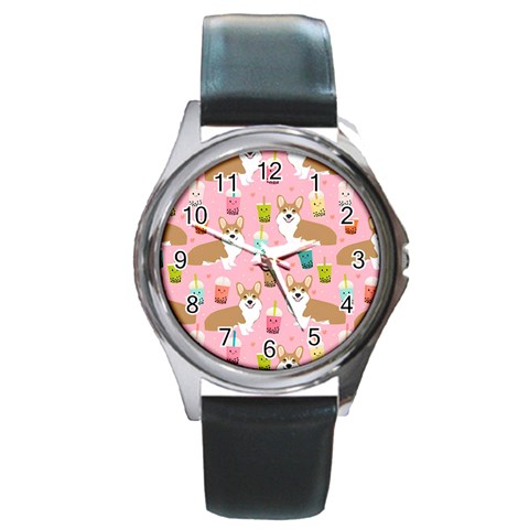 Corgi Bubble Boba Tea Pink Pattern Round Metal Watch from ArtsNow.com Front