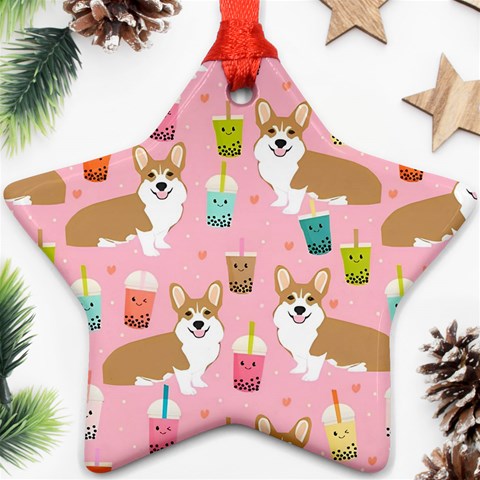 Corgi Bubble Boba Tea Pink Pattern Ornament (Star) from ArtsNow.com Front