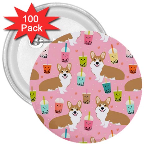 Corgi Bubble Boba Tea Pink Pattern 3  Buttons (100 pack)  from ArtsNow.com Front